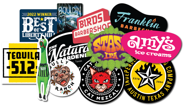 A collage of custom stickers and decals printed by The Bumper Sticker