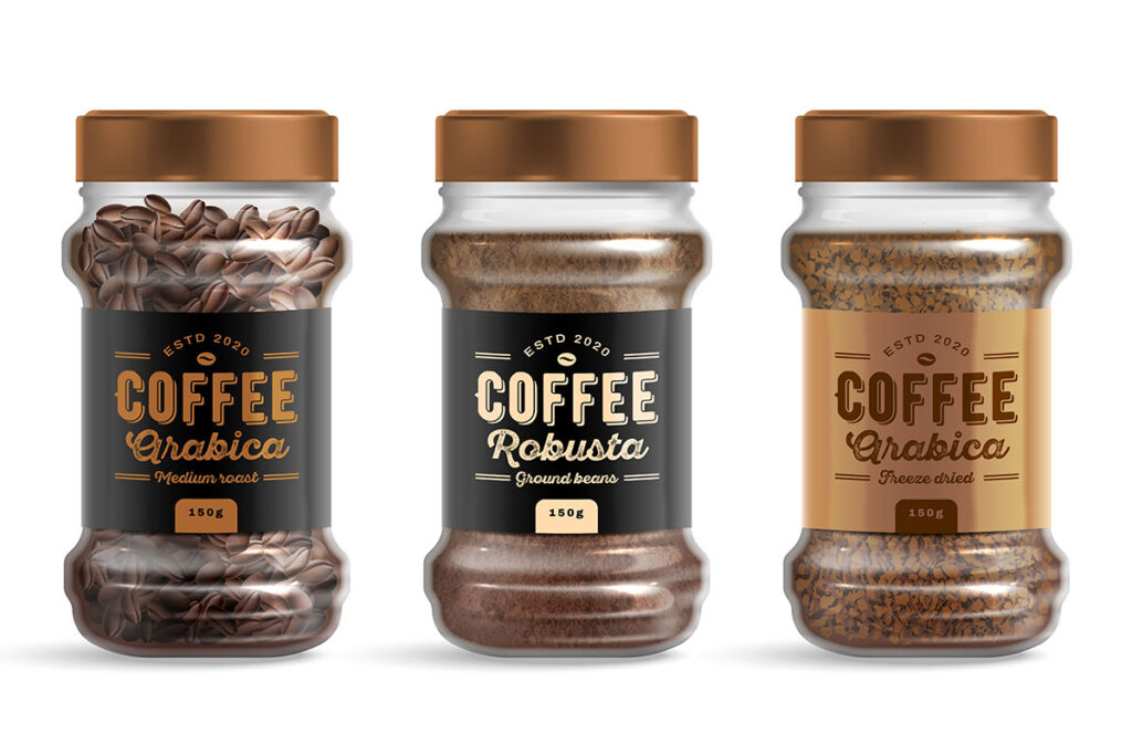 Three jars of coffee products are displayed: the left jar contains medium roast Arabica beans, the middle jar holds ground Robusta beans, and the right jar features freeze-dried Arabica coffee. All jars have a modern design with black and gold labels, indicating their weight (150g) and establishment year (2020).