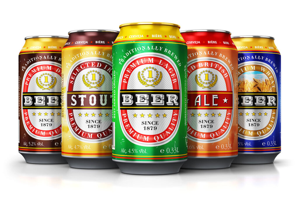 A collection of five colorful beer cans displayed side by side, featuring labels for Stout, Premium Lager, British Ale, and Premium Wheat varieties, highlighting their unique designs and alcohol content.