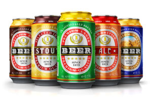 A collection of five colorful beer cans displayed side by side, featuring labels for Stout, Premium Lager, British Ale, and Premium Wheat varieties, highlighting their unique designs and alcohol content.
