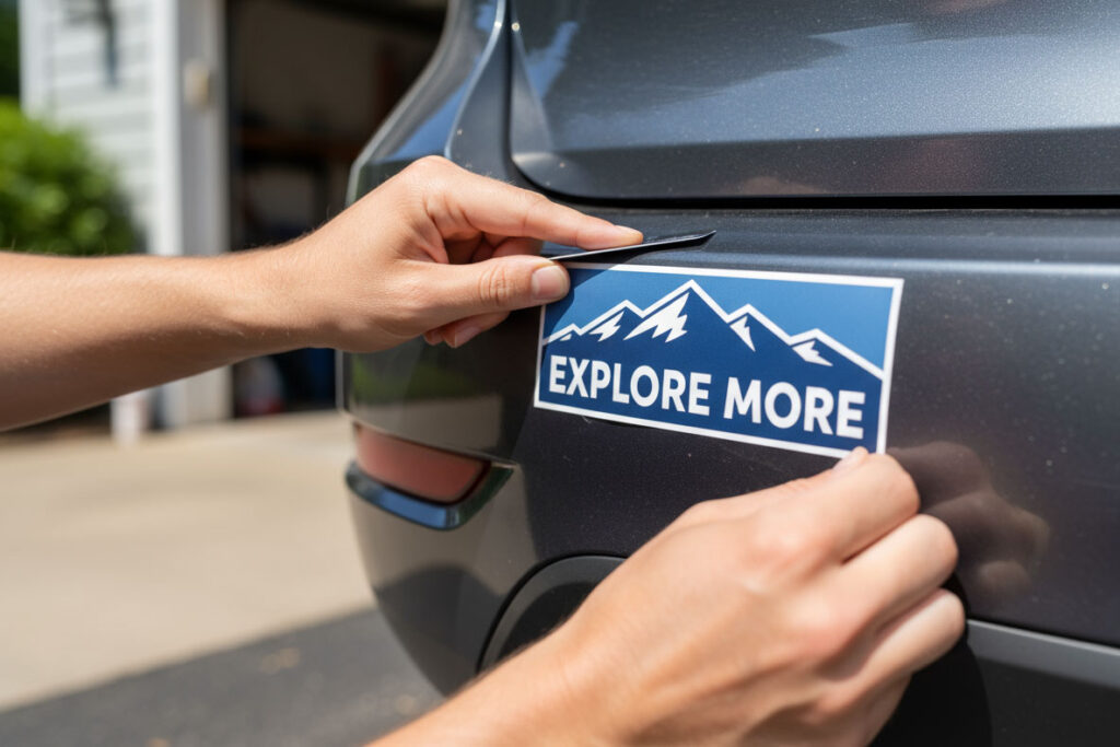 A person is applying a blue and white "EXPLORE MORE" sticker featuring mountain graphics to the back of a gray vehicle in a driveway.