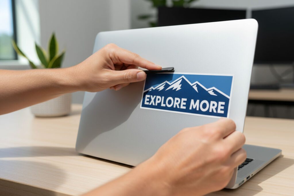 A person is applying a blue sticker that reads "EXPLORE MORE," featuring a mountain graphic, to the lid of a silver laptop on a wooden desk, with a potted plant in the background.