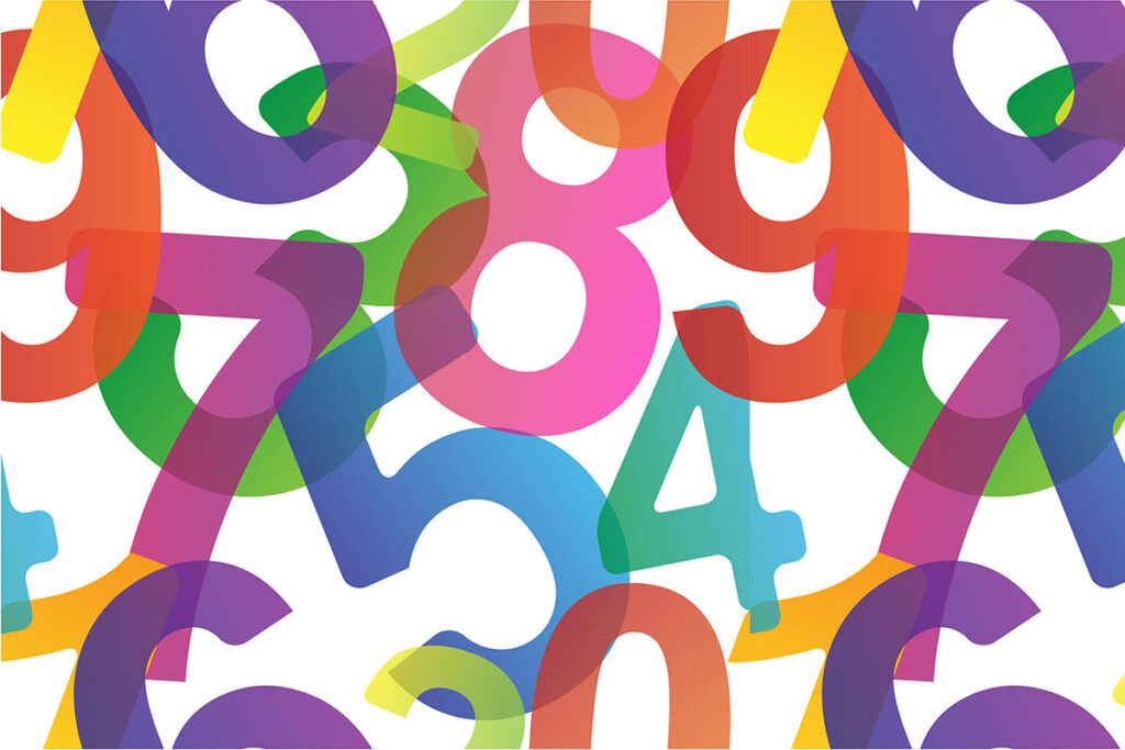 A vibrant and colorful abstract design featuring overlapping numbers in various shades, including pink, purple, green, and yellow, arranged on a white background.