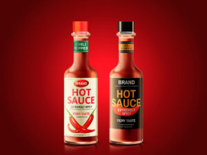 Two bottles of hot sauce are displayed against a gradient red background. The left bottle features a cream label with red accents, stating "Hot Sauce" and "Extremely Spicy" with chili pepper graphics. The right bottle has a black label with bold yellow text, also reading "Hot Sauce" and "Extremely Spicy," accompanied by a similar chili pepper graphic.