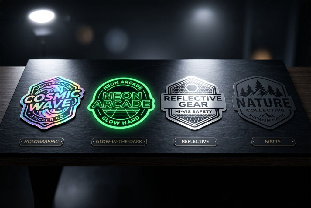 Four specialty stickers displayed side-by-side on a dark surface, labeled Holographic, Glow-in-the-Dark, Reflective, and Matte.