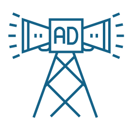 An icon depicting a broadcasting tower with the letters AD, representing advertising.