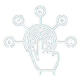 A flat line icon depicting a hand touching a series of concentric circles. There are lines radiating from the center, representing branching paths and options.