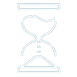 A white flat line icon depicting an hourglass
