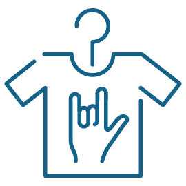 An icon depicting a t-shirt with a hand gesturing a rock symbol