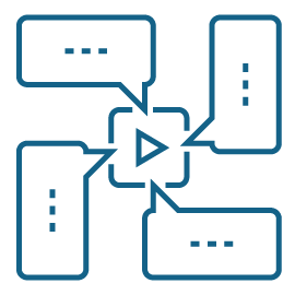 An icon depicting four speech bubbles radiating outward from a play button in the center.