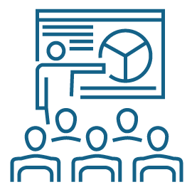 An icon depicting a person giving a presentation to a group.