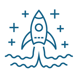 An icon depicting a rocket ship blasting off.