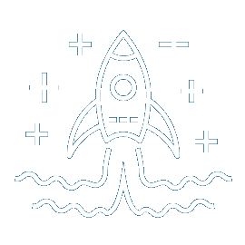 A white flat line icon depicting a rocket ship blasting off.