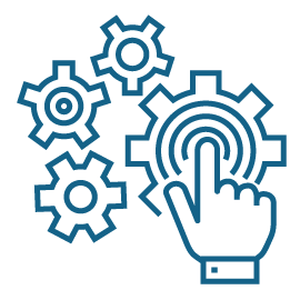 A flat line icon depicting a hand touching a cog. There are three smaller cogs surrounding it.
