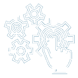 A white flat line icon depicting a hand touching a cog. There are three smaller cogs surrounding it.