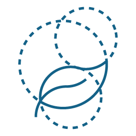 An icon depicting a leaf built out of various circles, depicted with dotted lines