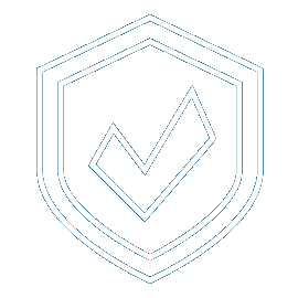 A white flat line icon depicting a shield with a check mark.