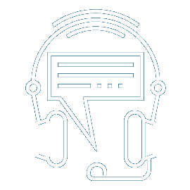 A white flat line icon depicting a headset with a mic and a message box.