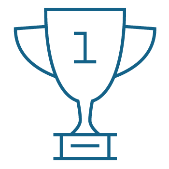 A flat line icon depicting a trophy with a number one.