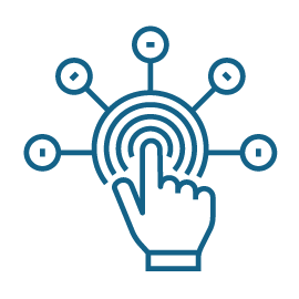 A flat line icon depicting a hand touching a series of concentric circles. There are lines radiating from the center, representing branching paths and options.