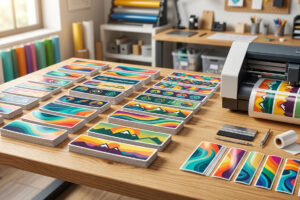 A bright, clean overhead shot of colorful vinyl bumper stickers with glossy finishes neatly displayed on a wooden workspace table next to professional digital printing equipment.