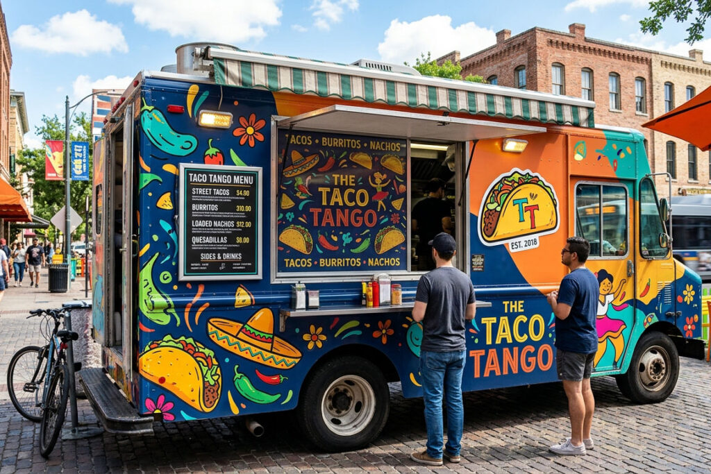 A modern, vibrant food truck parked outdoors featuring professional vinyl branding, including a prominent die-cut logo sticker, custom window decals, and a clear, readable menu board graphic.