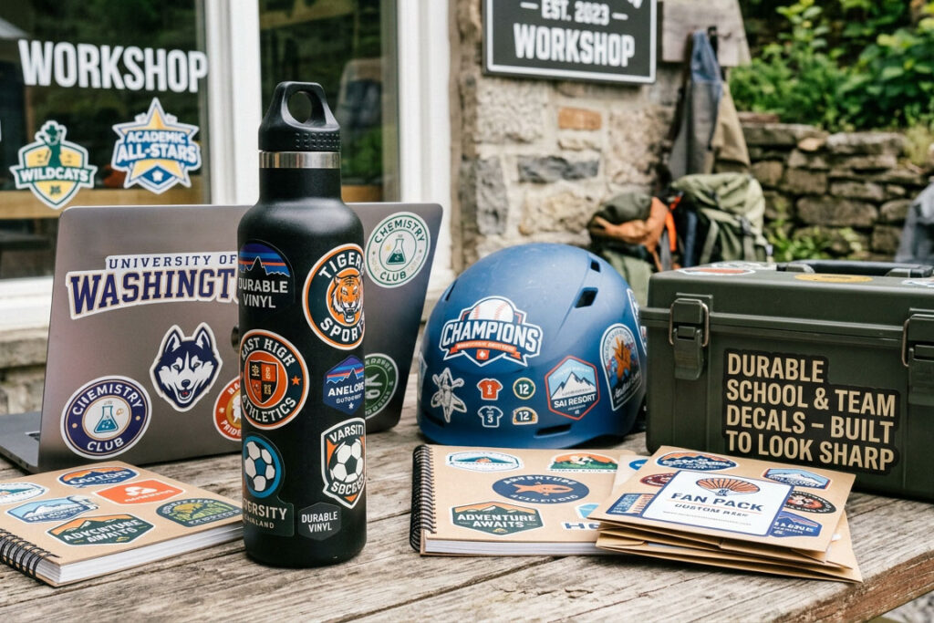 A collection of custom stickers, decals, and fan packs featuring school logos, sports teams, and club emblems displayed on a water bottle, laptop, helmet, hard case, and spiral notebooks outdoor setup.