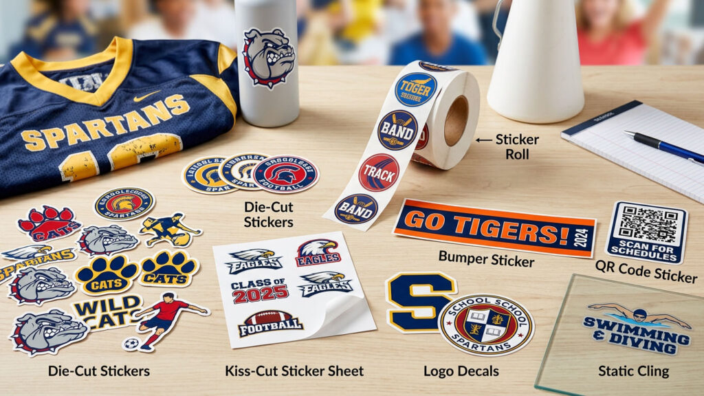 A desktop display showcasing various custom school and sports sticker formats, including die-cut stickers, kiss-cut sheets, sticker rolls, bumper stickers, logo decals, QR code stickers, and a static cling.