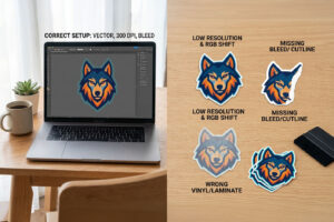 A professional photograph on a wooden desk contrasting correct file setup on a laptop screen with physically printed sticker samples showing low resolution, cut line, color, and material errors.