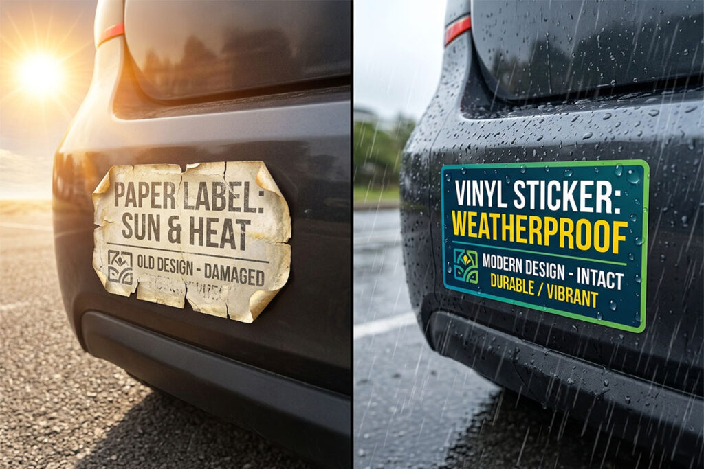 A side-by-side comparison showing a standard paper label peeling and fading under intense sun heat on the left, versus a durable, vibrant weatherproof vinyl sticker with water droplets intact on a car bumper on the right.