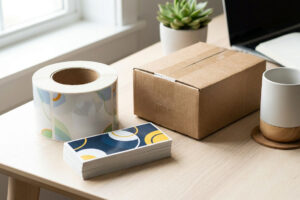 A bright, professional small business workbench with a roll of custom packaging labels on a cardboard core next to a stack of thick vinyl bumper stickers, a sealed shipping box, and a coffee mug.