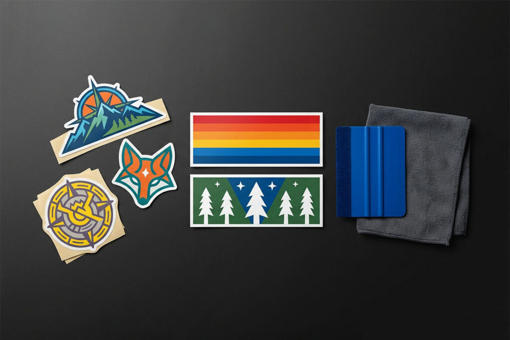 A flat lay workspace comparison showing vibrant custom die-cut vinyl decals, standard rectangular bumper stickers, a blue squeegee application tool, and a microfiber cloth laid out on a dark surface.